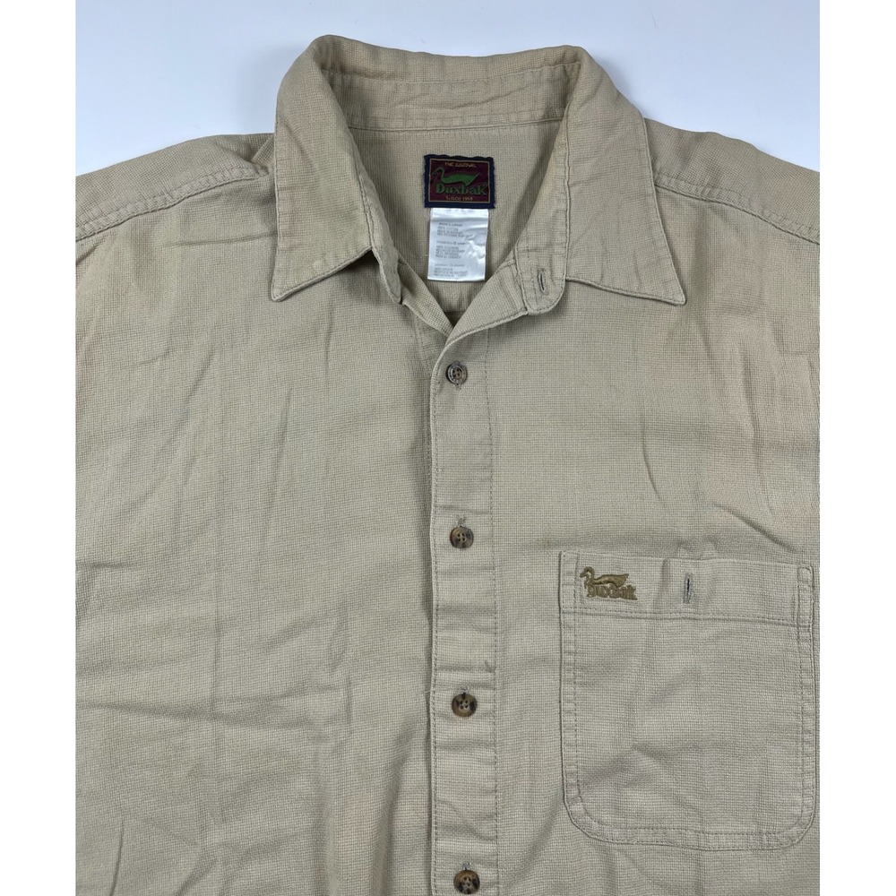 Duxbak Mens Large Short Sleeve Button Down Shirt Khaki Tan Textured Cotton Logo